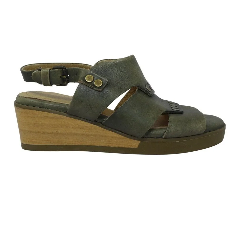 Bussola Massa Wedge‎ Sandals Womens 37 US 6-6.5 Green Leather Studded Slingback